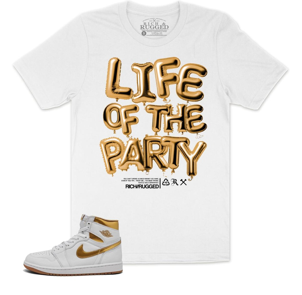 white and gold jordan shirt
