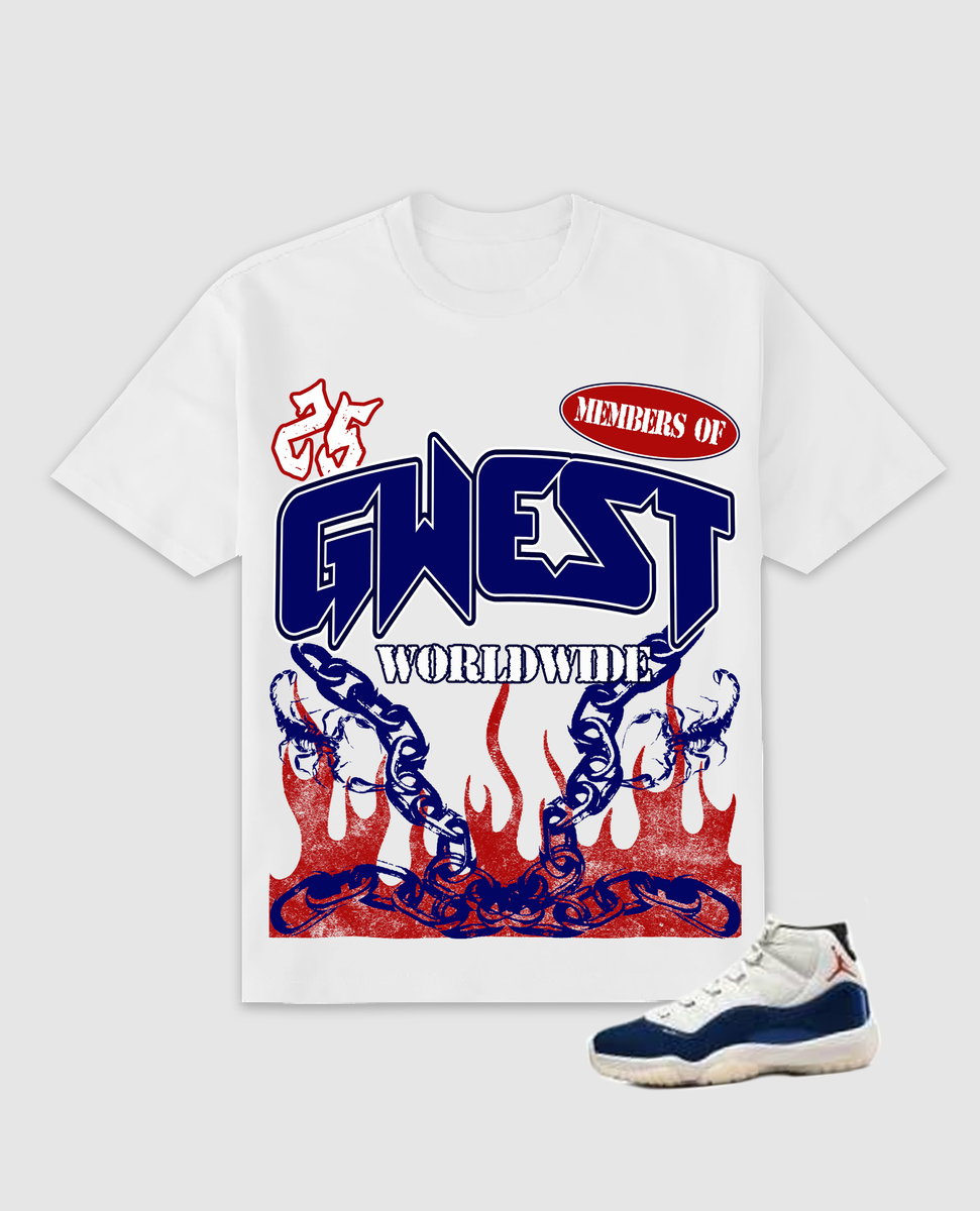 Jordan 11 RARE Shirt G West - Members Of Worldwide White Red Royal Blue Tee