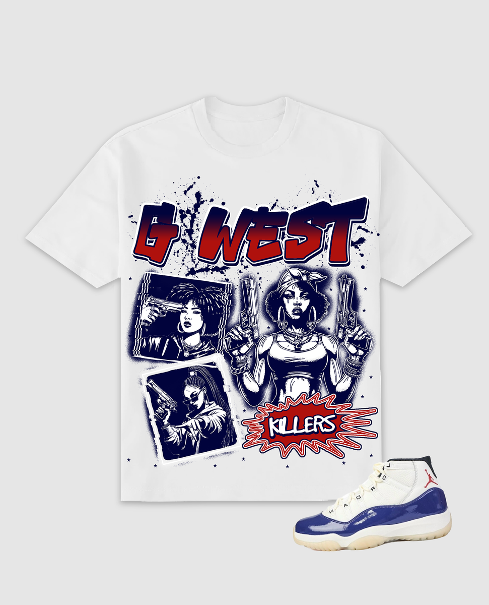Jordan 11 RARE Shirt G West - Gangsta Woman White Red Royal Tee