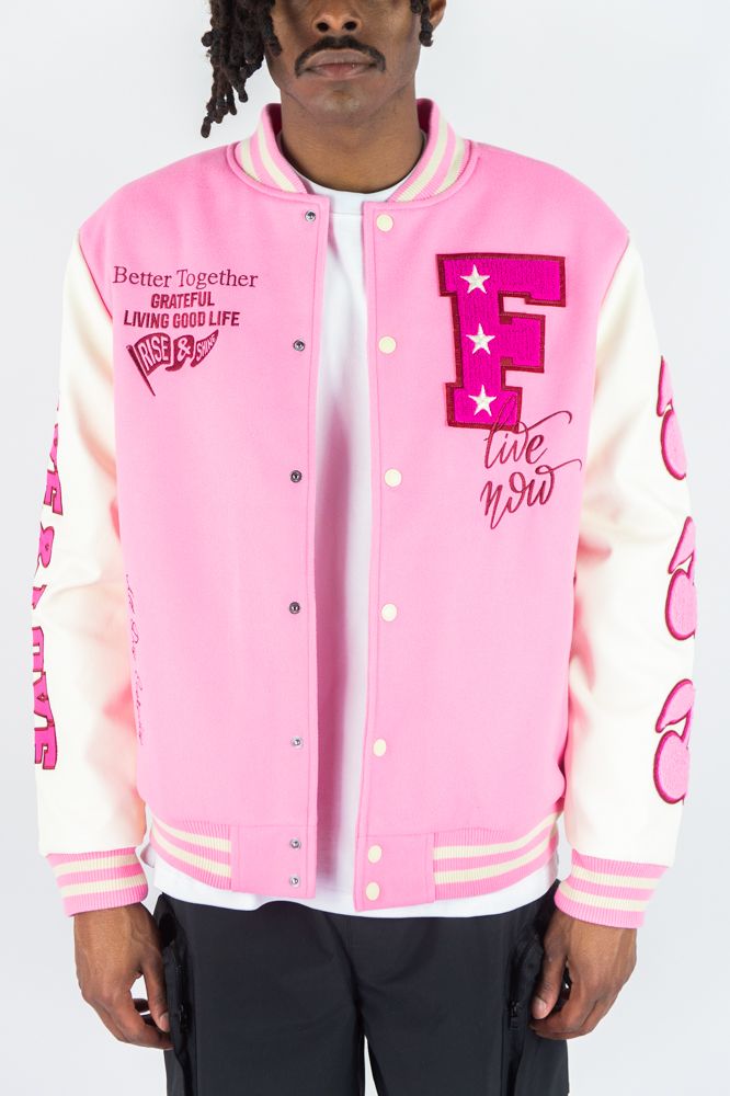 Rebel Minds - Live & Love Pink White Varsity Jacket
