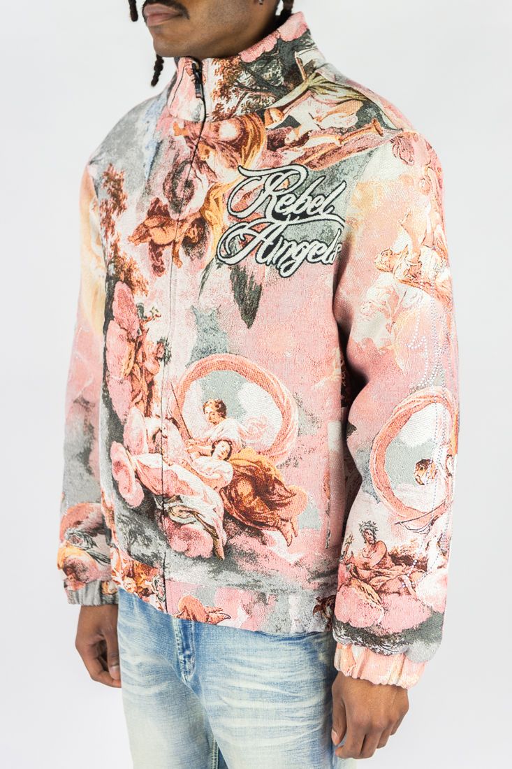Rebel Minds Angels Pink Tapestry Puffer Jacket Premium Streetwear
