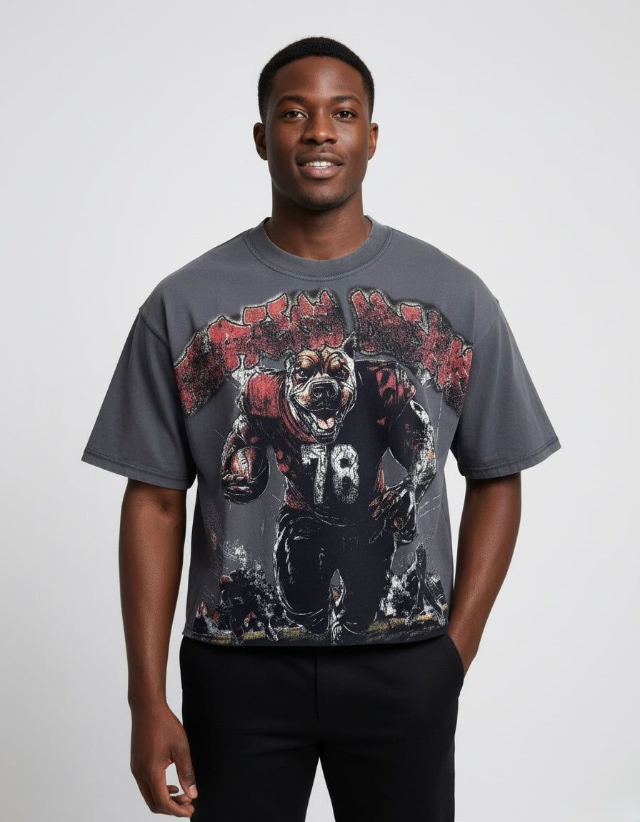 Young Saint - Football Rhinestone Grey Red Tee