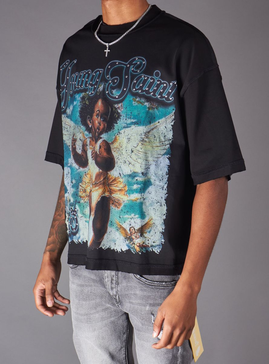 Young Saint - Black Angel Rhinestone Black Tee