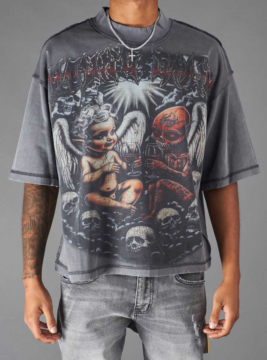 Young Saint - Wine Glass Baby Rhinestone Grey Tee