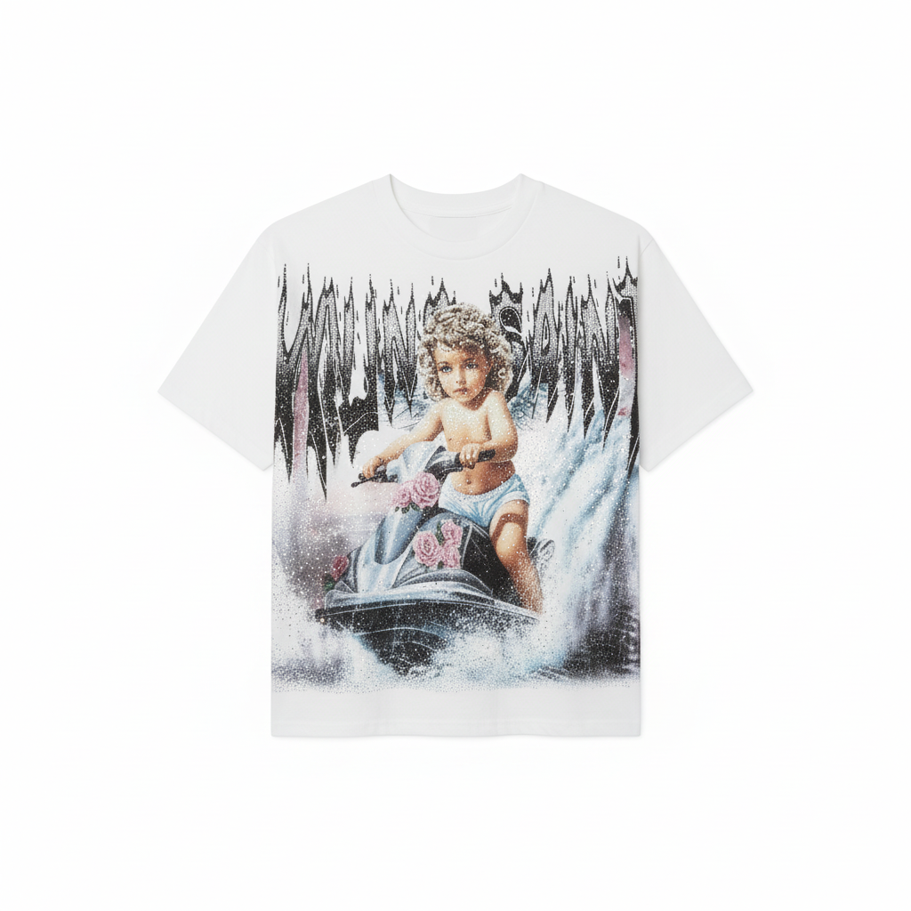Young Saint Jet Ski Rhinestone White Tee - Premium Luxury Streetwear