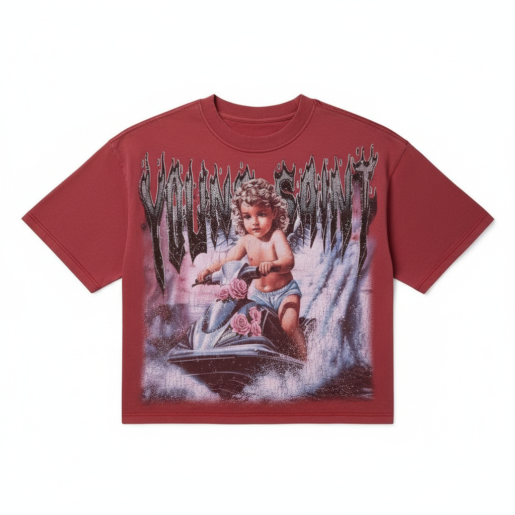 Young Saint Jet Ski Rhinestone Red Tee - Premium Luxury Streetwear