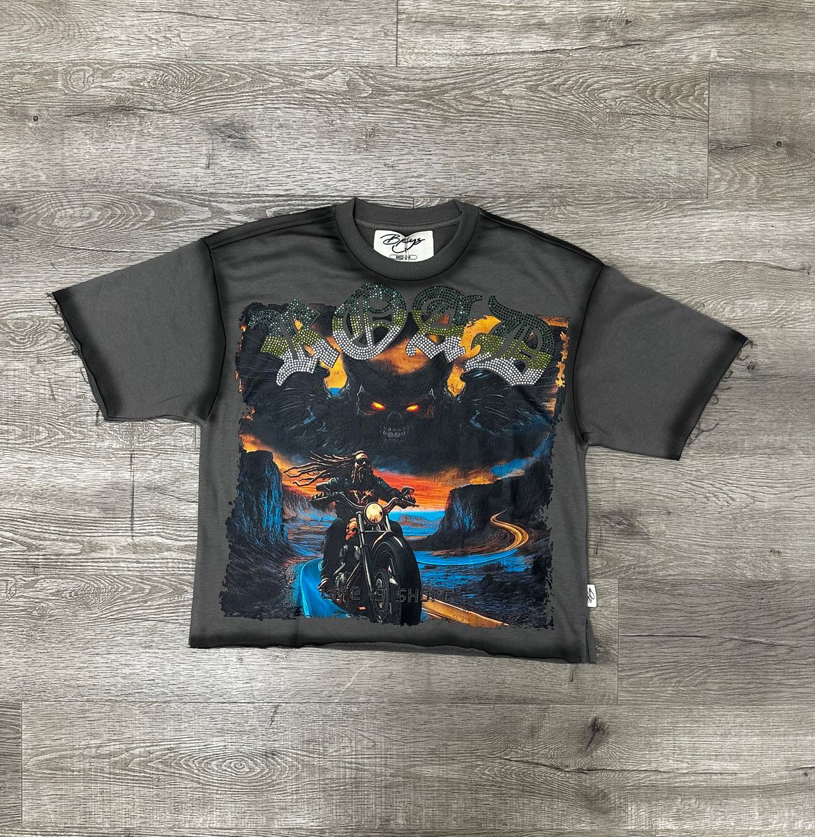 BKYS - Harley Road Rhinestone Washed Black Crop Tee