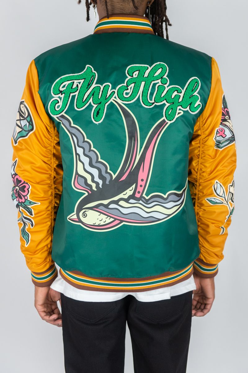 Rebel Roses - Fly High Green Yellow Nylon Varsity Jacket