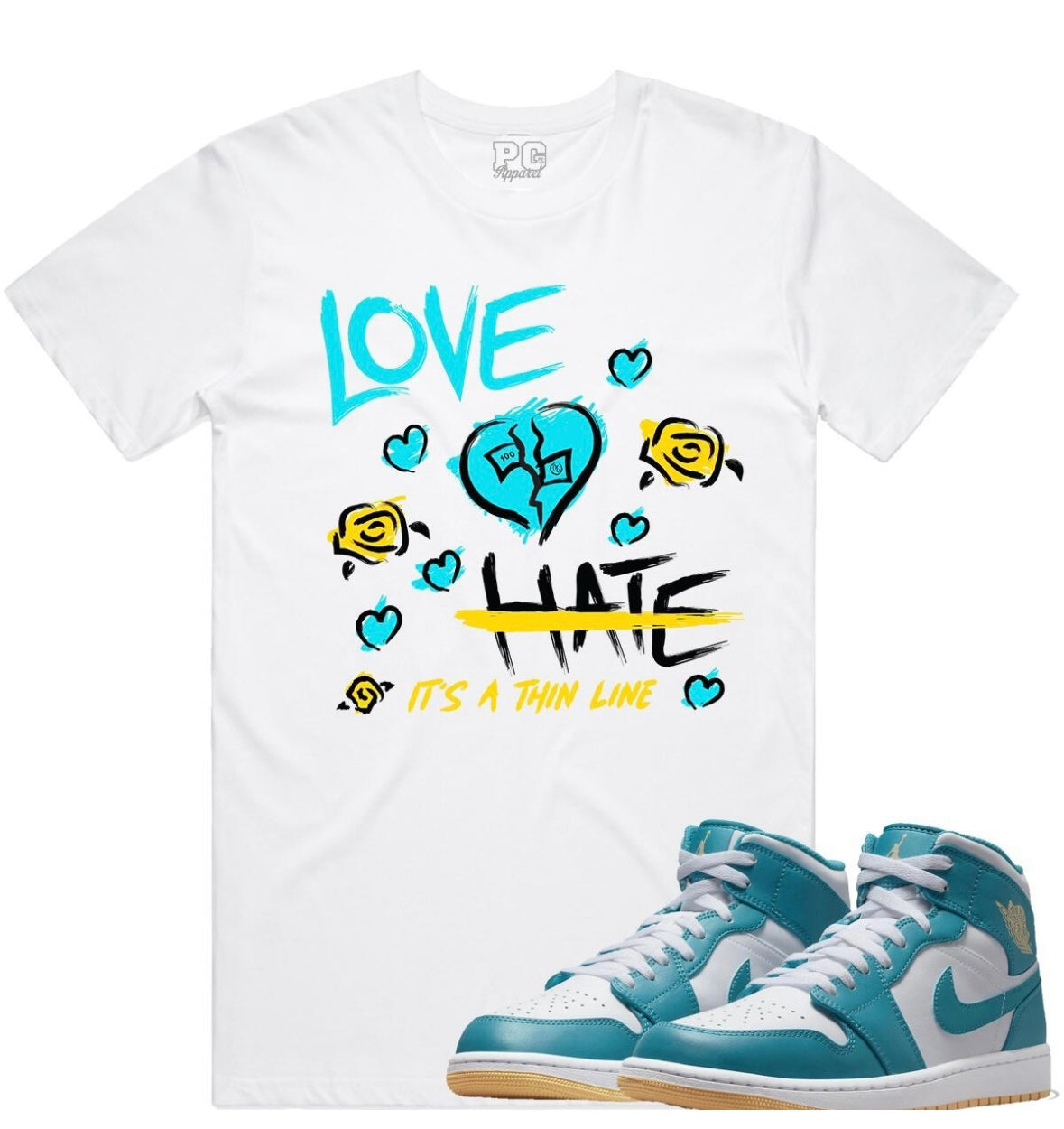 Planet Of Grapes - Love Hate White / Aqua / Yellow Tee
