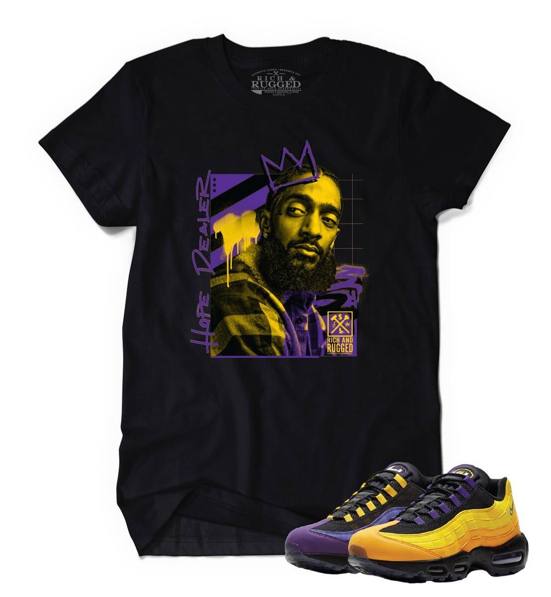 Rich & Rugged - Hope Dealer w/ Purple & Gold on a Black Nipsey Hussle Tee