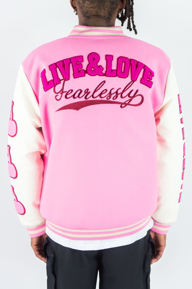 Rebel Minds - Live & Love Pink White Varsity Jacket