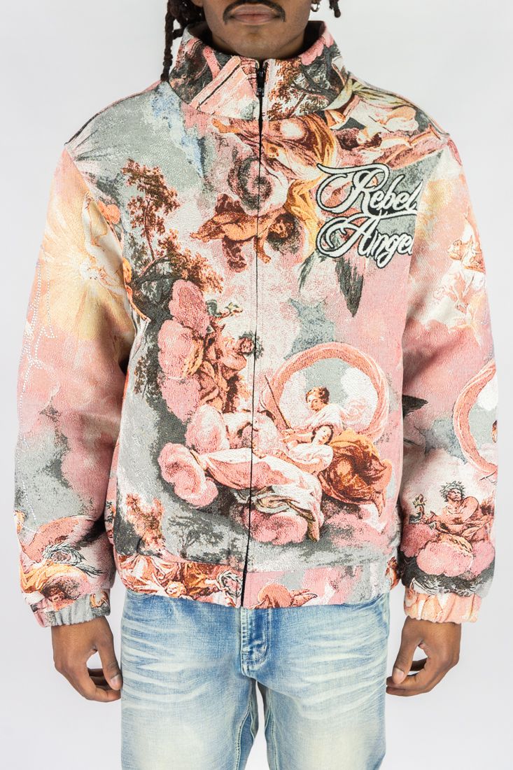 Rebel Minds Angels Pink Tapestry Puffer Jacket Premium Streetwear