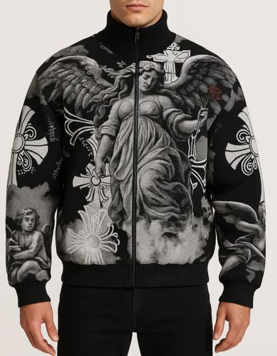 Rebel Minds - Angel Rhinestone Tapestry Black Puffer Jacket