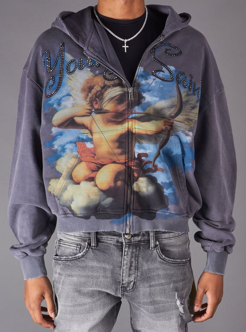 Young Saint - Angel Bow & Arrow Rhinestone Grey Hoodie