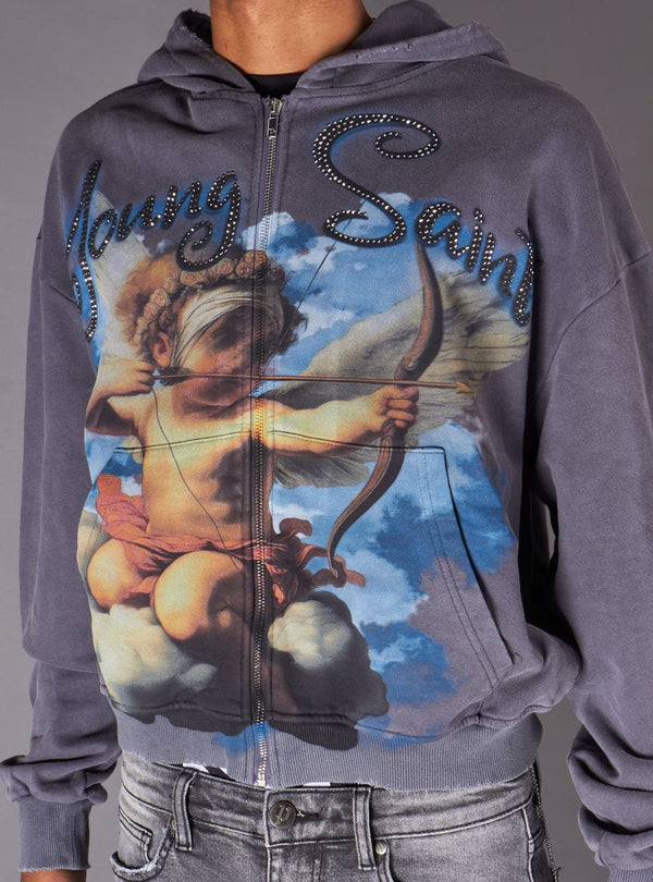 Young Saint - Angel Bow & Arrow Rhinestone Grey Hoodie