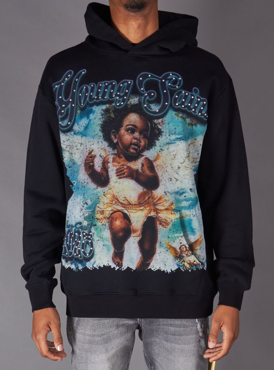 Young Saint - Black Angel Rhinestone Black Hoodie