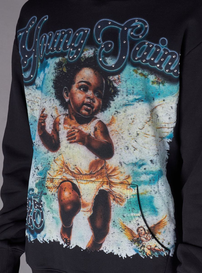Young Saint - Black Angel Rhinestone Black Hoodie