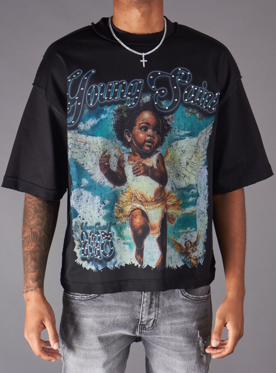 Young Saint - Black Angel Rhinestone Black Tee