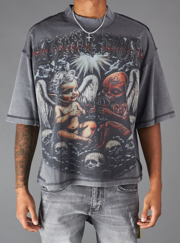 Young Saint - Wine Glass Baby Rhinestone Grey Tee