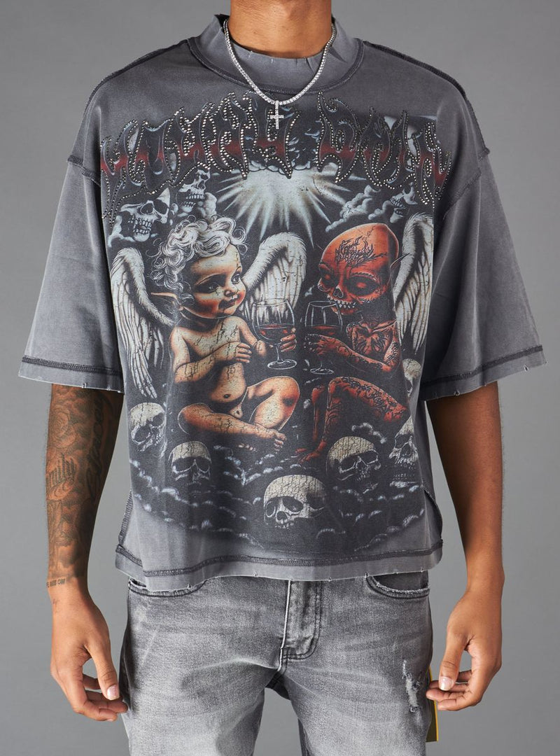 Young Saint - Wine Glass Baby Rhinestone Grey Tee