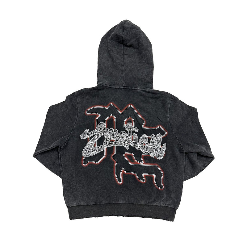 Mixed Emotions - Acid Wash Rhinestone Black Hoodie