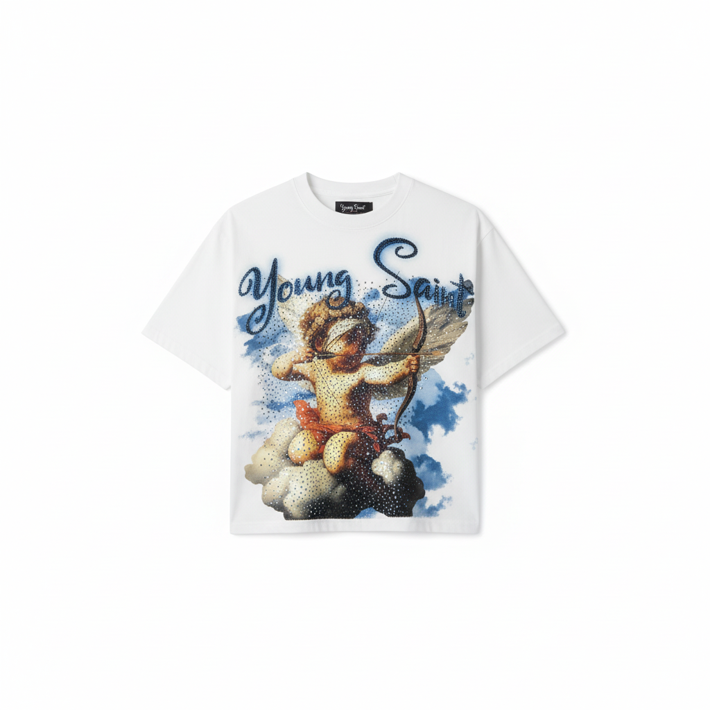 Young Saint Angel Bow & Arrow Rhinestone White Tee - Premium Luxury Streetwear