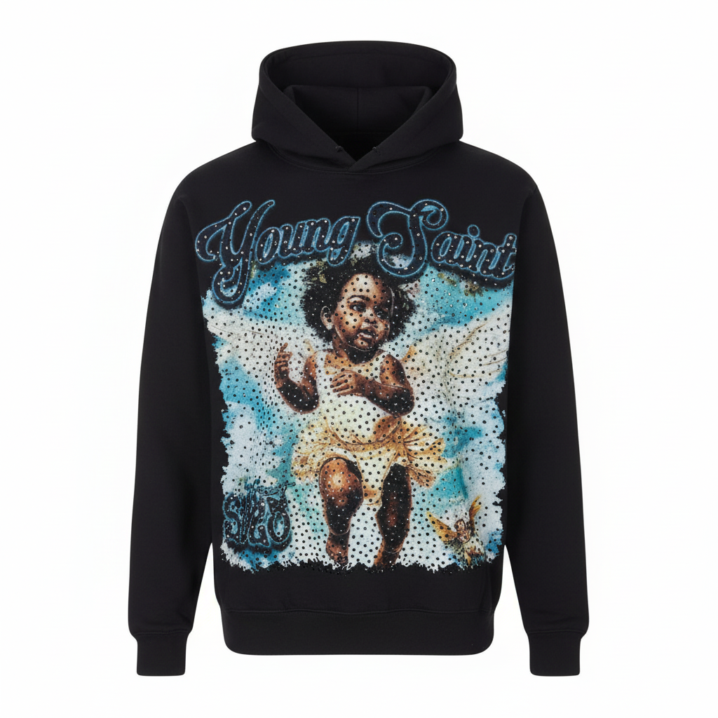 Young Saint - Black Angel Rhinestone Black Hoodie