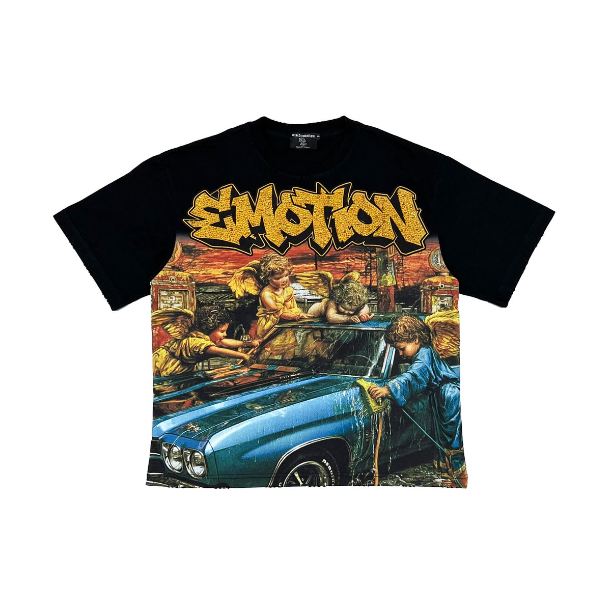 Mixed Emotions - Angel Car Wash Rhinestone Black Tee