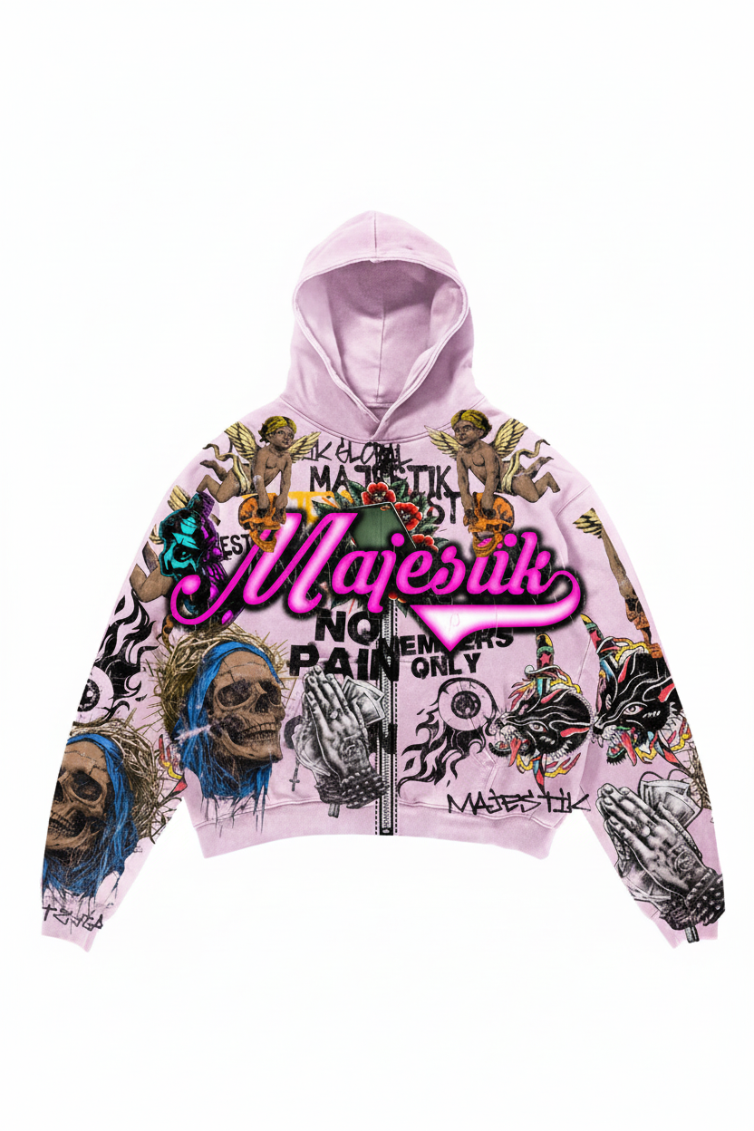 Pink Graphic Hoodie - Majestik Skeleton No Pain Streetwear Zip-Up