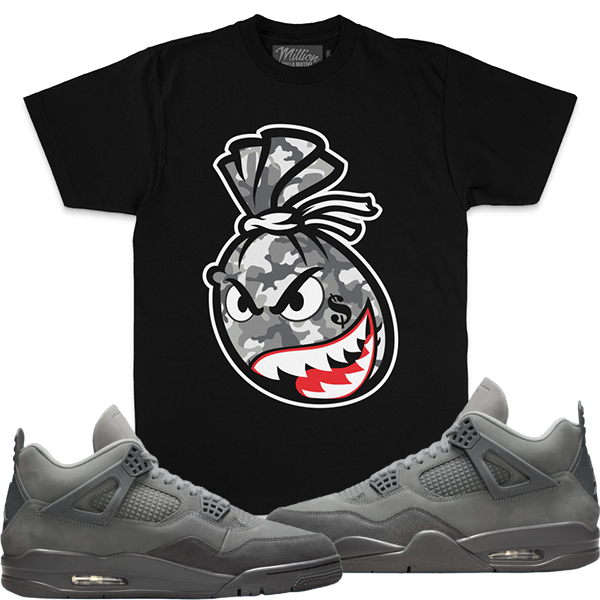 Jordan 4 Olympic Paris Wet Cement 4s Shirt To Match - Million Grey Camo Money Bag - Black Tee