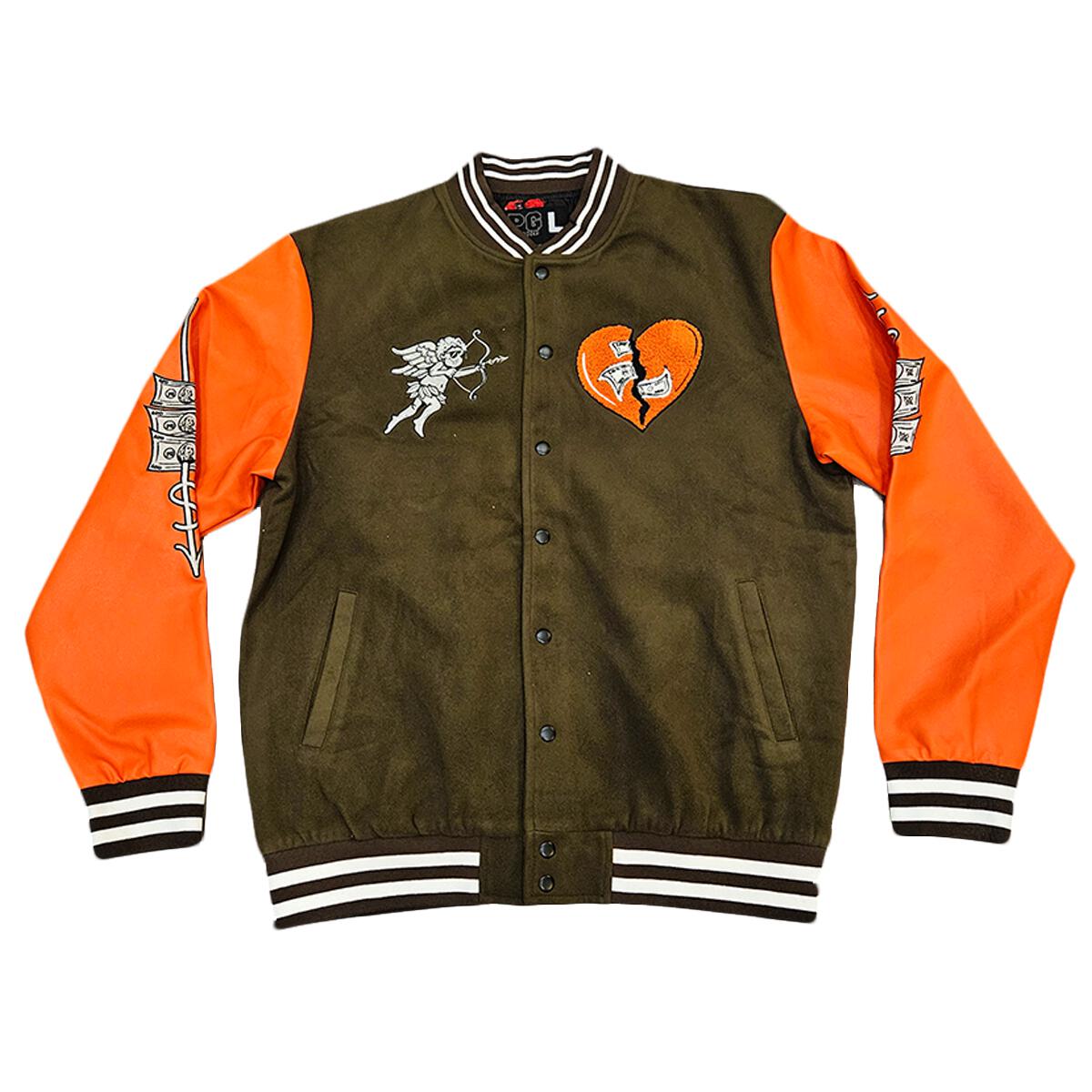 Heart Breaker - Varsity Jacket Olive Orange Jacket