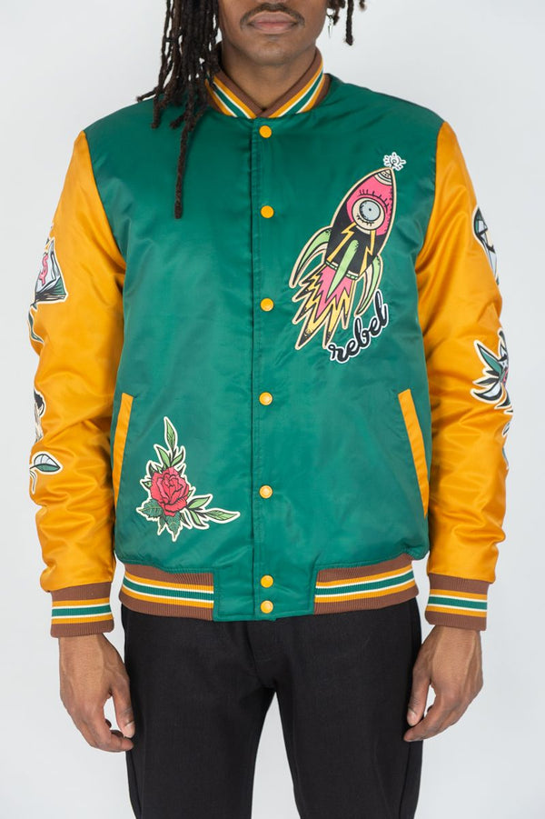 Rebel Roses - Fly High Green Yellow Nylon Varsity Jacket