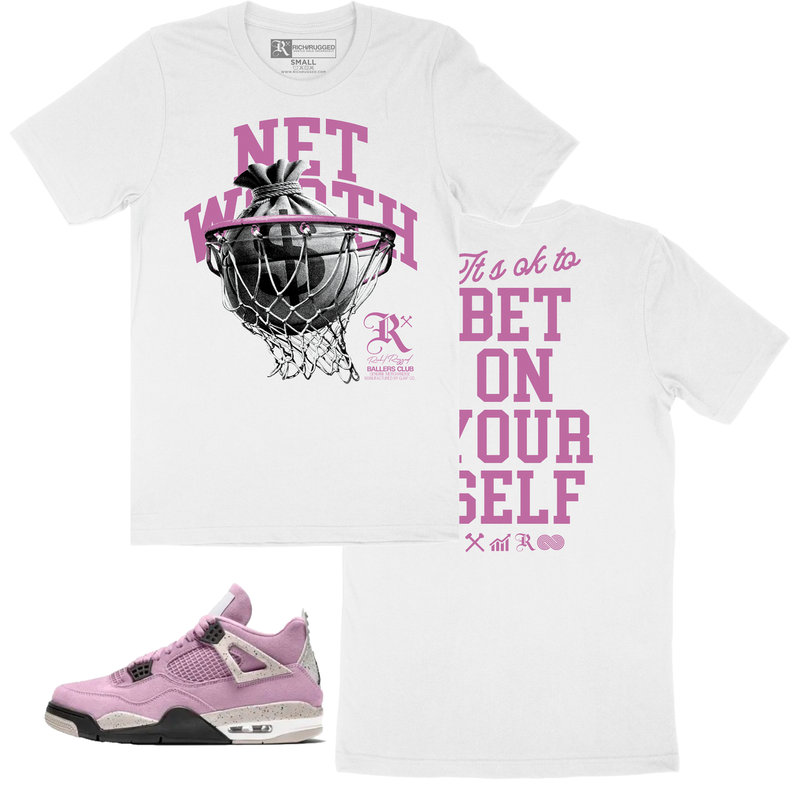 Rich - Net Worth Jordan 4 Orchid White Pink T Shirt