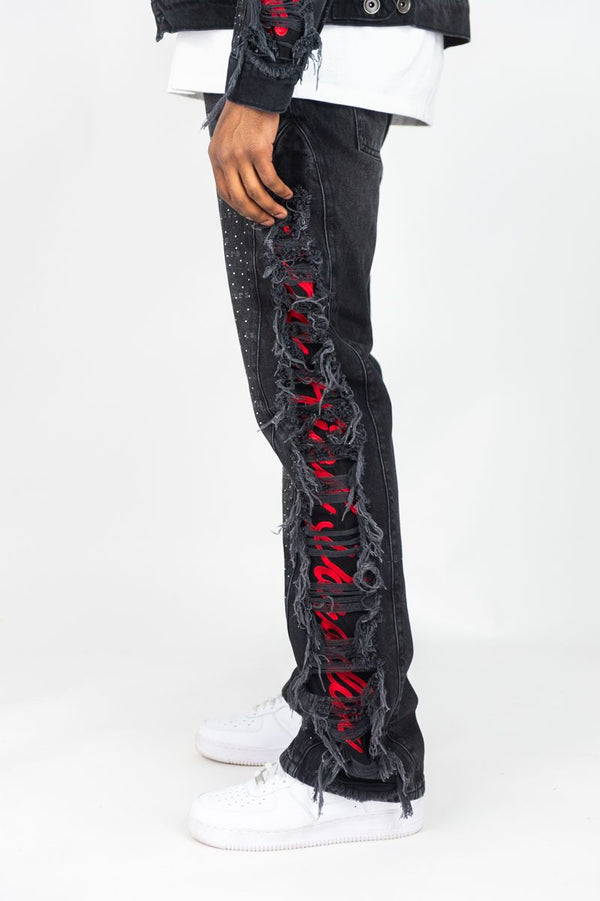 Rebel Minds - Black Red Rhinestone Black Jean