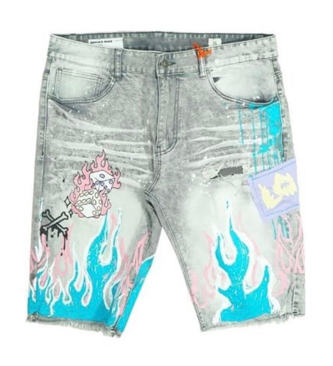 Smoke Rise - Flame Graphic Denim Shorts
